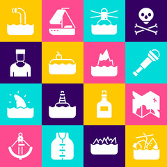 Sticker - Set Sinking cruise ship, Pirate treasure map, Spyglass telescope lens, Lighthouse, Submarine, Sailor captain, Periscope and Iceberg icon. Vector