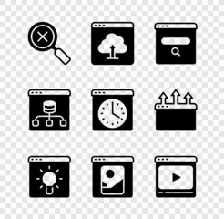 Sticker - Set Magnifying glass and delete, Cloud upload, Search engine, Browser window, Photo retouching, Online play video, Server, Data and icon. Vector