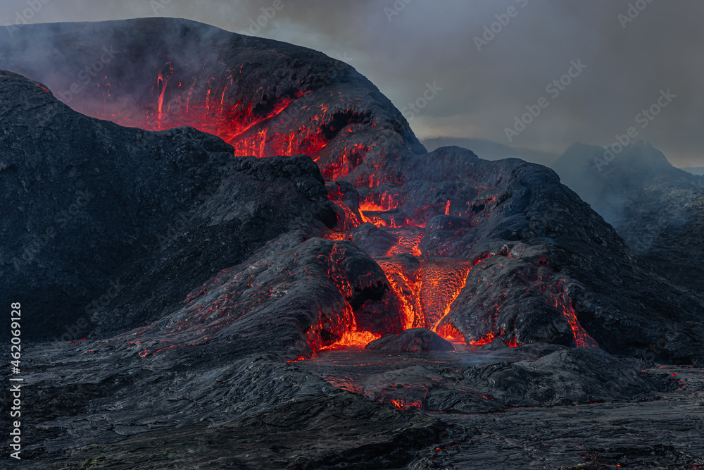 Side view of the crater opening from Fagradalsfjall volcano. Crater ...