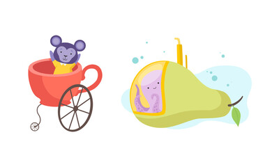 Poster - Cute Monkey Riding in Cup Carriage and Octopus Floating in Pear Submarine Vector Set