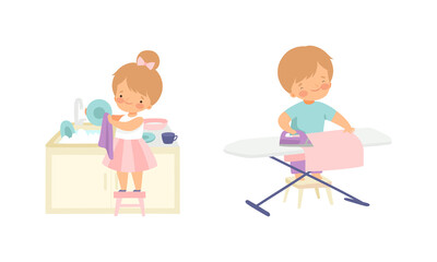 Sticker - Cute Boy and Girl Doing Housework and Housekeeping Ironing Clothing and Washing the Dishes Standing on Stool Vector Set