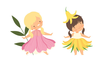 Poster - Cute Little Kids Wearing Flower Costume Vector Set