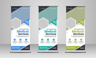 medical healthcare service marketing roll up or x banner template design with modern abstract backgr