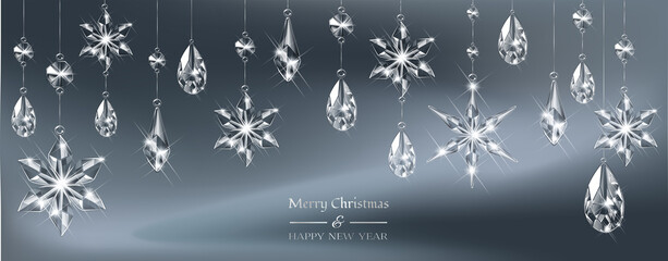 Vector Christmas background with realistic transparent glass snowflakes and decoration. Sparkling translucent crystals