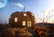 Kürbis-Haus zu Halloween mit Tür und Fenstern