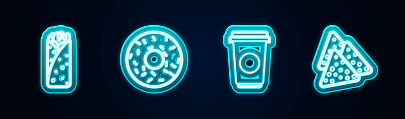 Sticker - Set line Burrito, Donut, Coffee cup and Nachos. Glowing neon icon. Vector