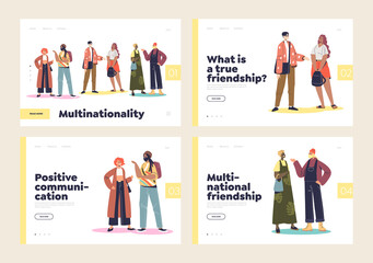 Wall Mural - Multinational people communication friendship concept of landing pages set with multiethnic friends