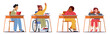 Healthy and Disabled Kids Study in School, Children Sitting at Desks, Characters on Lesson, Disabled Boy in Wheelchair