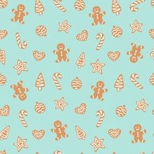 Vector Seamless Pattern With Gingerbread Cookies. Cute Design For Christmas Wrappings, Textile, Wallpaper And Backgrounds.