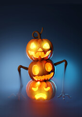 Fototapete - A stack of three halloween jack O lantern pumpkins glowing at night! 3D illustration