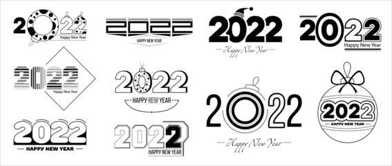 Aufkleber - Set of 2022 happy new year signs.  Collection of 2022 happy new year symbols. Vector illustration with black labels isolated on white background.