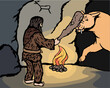 Caveman beats confused saber-toothed tiger with a club. The action takes place in a cave lit by a fire.