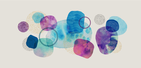 Wall Mural - Modern abstract background, blue gold green purple and pink watercolor blobs and blotches with speckled spatter dots and spots in black and gold art pattern in mid century circles style design