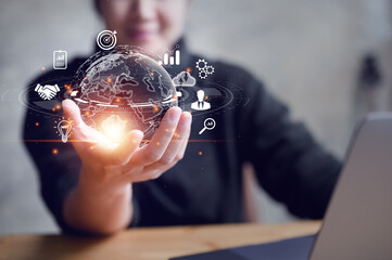Poster - woman Hand holding virtual Global Internet connection metaverse. Business global internet connection application technology and digital marketing, Financial and banking, Digital link tech, big data.
