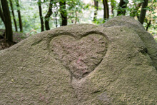 A Heart Is Engraved In A Big Natural Stone. The Sign For Love In A Huge Rock In The Middle Of A Forest. Trees And Green Leaves In The Background. A Carved Symbol In A Block.