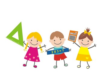 Wall Mural - Group of school children,teaching aids, mathematic, funny vector illustration	