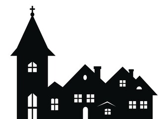 Township with church, black silhouette on white background, vector illustration