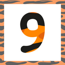 Number Nine With Tiger Pattern. Festive Font And Frame From Orange With Black Stripes, Symbol For New Year And Christmas