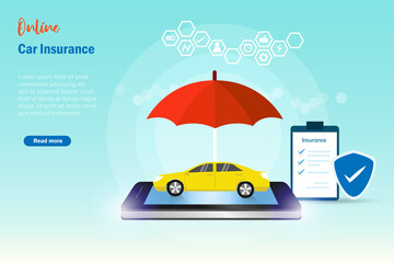 Online car insurance. Car on smart phone under protection from insurance policy, umbrealla and shield. Car accident, travel and car insurance concept.