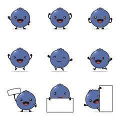 Wall Mural - cute blueberry cartoon, fruit vector illustration, with happy facial expressions and different poses