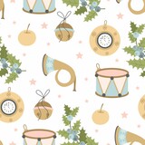 Fototapeta Dziecięca - Christmas and New year festive seamless pattern for wrapping paper or fabric with different elemets. Fashionable vintage style.