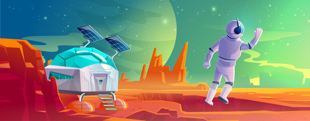 Wall Mural - astronaut on alien planet landscape with scientific laboratory. cosmonaut in suit and helmet in far 