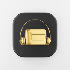 Poster - Golden vintage audio cassette player icon. 3d rendering black square button key, interface ui ux element.