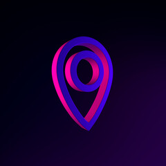Poster - Location neon symbol linear outline icon. 3d rendering ui ux interface element. Dark glowing symbol.