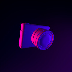 Poster - Neon digital photo camera icon. 3d rendering ui ux interface element. Dark glowing symbol.