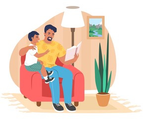 Wall Mural - Happy father reading book to son sitting in armchair, flat vector illustration. Parent child relationship. Parenting.