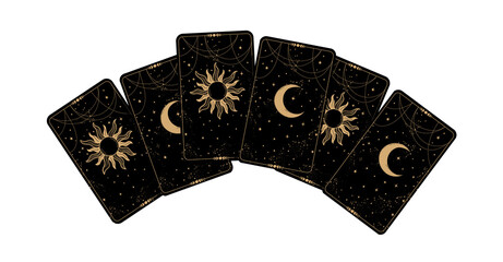 Wall Mural - tarot cards icon top view. black cards face down with the moon and the sun. drawing for fortune tell