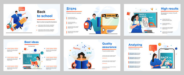 Aufkleber - Back to school concept for presentation slide template. Pupils go to lessons, schoolgirls and schoolboys study. Students learning, receive education at college. Vector illustration for layout design