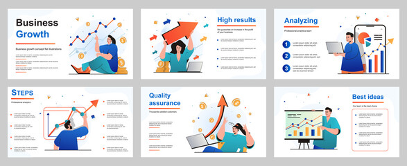 Aufkleber - Business growth concept for presentation slide template. Businessman and businesswoman analyze financial data, develop successful strategy, work management. Vector illustration for layout design