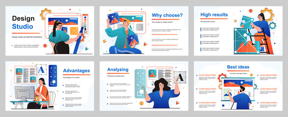 Aufkleber - Design studio concept for presentation slide template. Illustrators draw images, graphic elements, choose colors and fonts, works at computer in creative agency. Vector illustration for layout design