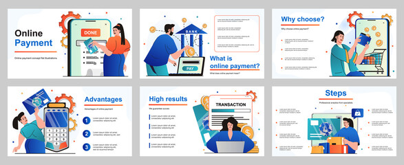 Aufkleber - Online payment concept for presentation slide template. People paying for purchases with credit card, conducts financial transaction, using online banking app. Vector illustration for layout design