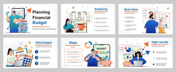 Aufkleber - Planning financial budget concept for presentation slide template. People make accounting analysis of statistics income and expenses, savings, financial plan. Vector illustration for layout design