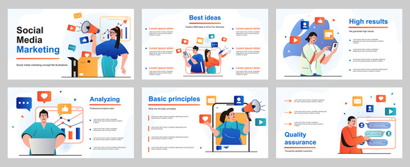 Aufkleber - Social media marketing concept for presentation slide template. People promote business online, make advertising campaigns, attract customers, increase income. Vector illustration for layout design