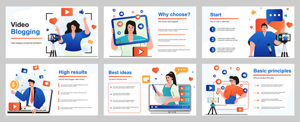 Aufkleber - Video blogging concept for presentation slide template. People creating videos on different topics. Bloggers are recording content or streaming live at channels. Vector illustration for layout design