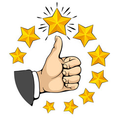 High rating, best seller sign. Man hand show thumb up, like gesture. Many golden stars around. Hand drawn design element. Vector illustration. 