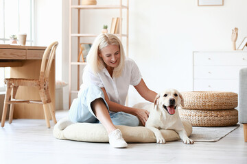 Wall Mural - Mature woman with cute Labrador dog at home