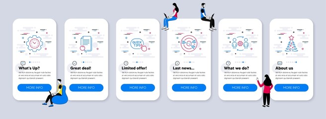 Poster - Line icons set. UI phone app screens with teamwork. Included icon as Quick tips, Engineering team, Targeting signs. Search file, Time management, Christmas tree line icons. Vector
