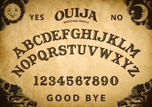 Spooky Planchette Of Ouija Board On Vintage Texture. Poster With Game Of Ghosts. Halloween Play With Calling Souls And Demons. Party Poster. Graphic, Typography, Alphabet, Letters, Numbers.