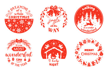 Wall Mural - Set of Christmas round signs with greeting quotes and words. Christmas symbols with saying. Winter holiday emblem designs. Festive badges and cards.