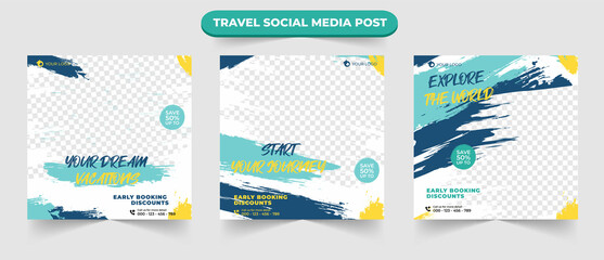 Wall Mural - Set of travel journey tourism holiday sale social media post template web banner flyer or poster for travelling agency business offer promotion design