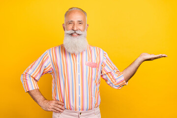 Sticker - Portrait of attractive cheerful grey-haired man holding on palm copy blank space ad isolated over bright yellow color background