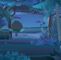 Wall Mural - jungle creepers. dense thickets. view from dark night forest. southern rural scenery. tropical fores