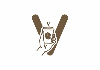 Poster - Brown color of V initial letter with line art coffee cup