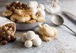 © peter - Assortment of edible mushrooms. Fresh harvested assortment of edible mushrooms, oyster fungus, shimeji and white mushrooms.