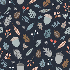 Wall Mural - Christmas seamless pattern with acorns, pine cones and red berries. Fir tree branches and oak leaves on dark blue background. Winter, autumn floral design. Gift wrapping paper, textile. Vector.