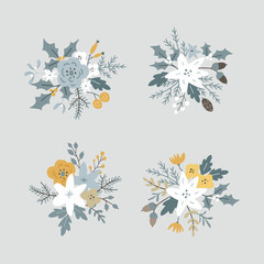 Wall Mural - Christmas set of floral bouquets. Flowers, poinsettia and pine cones. Spruce, fir tree branches, leaves and holly berries isolated on blue background. Hand drawn design elements. Winter vector.